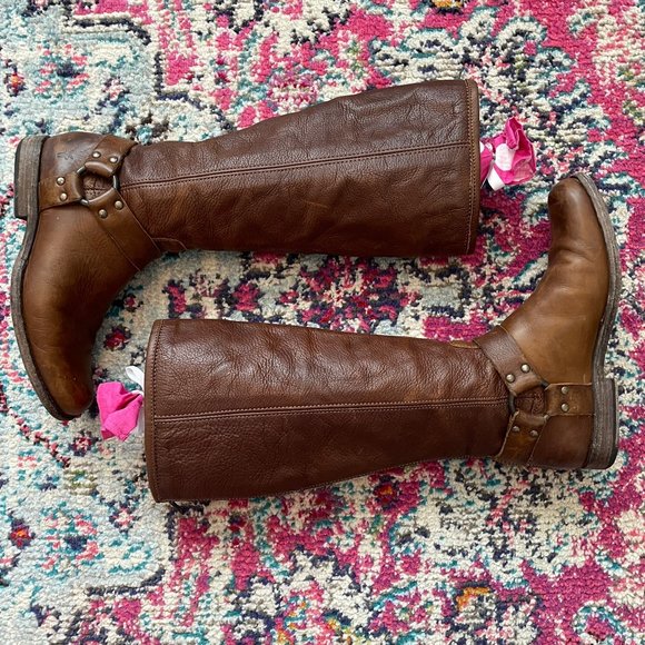 Frye Women’s Brown Leather Phillip Harness Boho Riding Boots Shoes Size 7.5 - Picture 2 of 12